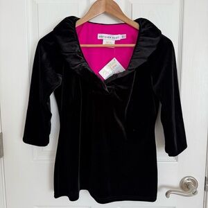 Gretchen Scott Ruff-neck Black Velvet 3/4 Length Sleeve Ruffle  Top Size XS